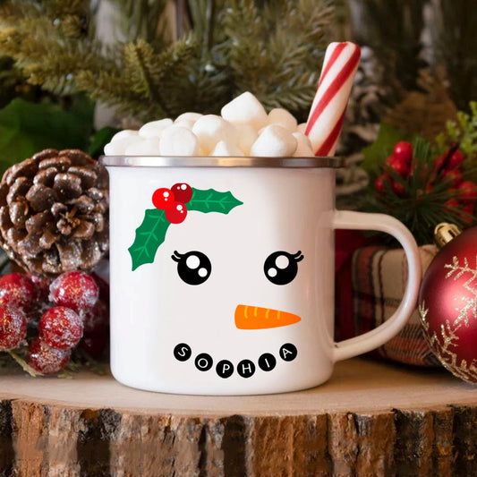 Custom Cute Snowman Expression Enamel Cup, Personalized Name Christmas Cup, Home Decoration, Christmas Gifts for Kids/Friends/Family