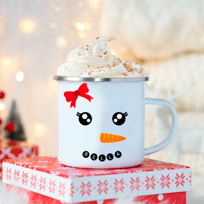 Custom Cute Snowman Expression Enamel Cup, Personalized Name Christmas Cup, Home Decoration, Christmas Gifts for Kids/Friends/Family