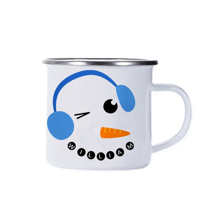 Custom Cute Snowman Expression Enamel Cup, Personalized Name Christmas Cup, Home Decoration, Christmas Gifts for Kids/Friends/Family