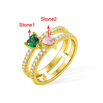 Personalized Double Heart Birthstone Ring, Custom Family Ring, Double Band Ring, Sterling Silver/Brass Ring, Birthday/Mother's/Valentine's Day Gift