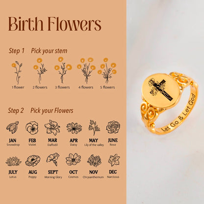 Custom Birth Flower Bouquet Cross Ring, Let Go and Let God Ring, Sterling Silver Engraving Ring for Women, Mother's Day/Birthday Gifts, Gift for Her