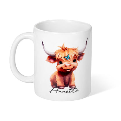 Personalized Name Highland Cattle Mug, Hot Chocolate Mug for Kid, Ceramics Coffee Mug, Birthday/Housewarming Gift, Gift for Cow Lover/Pet Lover/Family