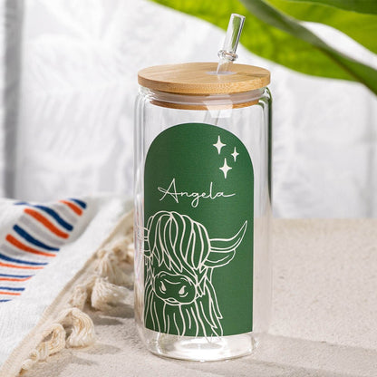 Personalized Name Highland Cow Boho Glass, 16oz Tumbler with Bamboo Lid and Straw, Iced Coffee Cup, Beer Can Glass, Gift for Cow Lover