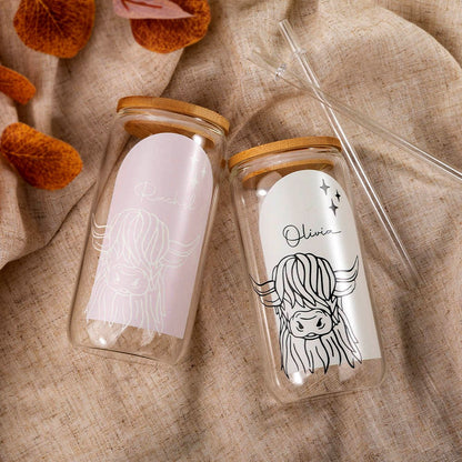 Personalized Name Highland Cow Boho Glass, 16oz Tumbler with Bamboo Lid and Straw, Iced Coffee Cup, Beer Can Glass, Gift for Cow Lover