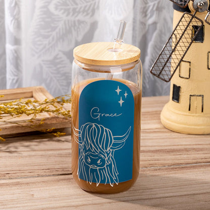 Personalized Name Highland Cow Boho Glass, 16oz Tumbler with Bamboo Lid and Straw, Iced Coffee Cup, Beer Can Glass, Gift for Cow Lover