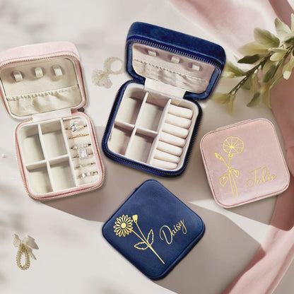 Birth Flower Jewelry Travel Case, Personalized Birthday Gift, Custom Velvet Jewelry Box, Gifts for Wedding/Bridesmaid/Mom/Women