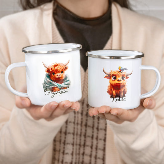 Personalized Name Highland Cow Mug, Hot Cocoa Mug for Kid, Enamel Coffee Mug, Birthday/Housewarming Gift, Gift for Cow Lover/Family/Friend