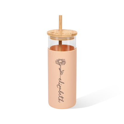 Custom Name Birth Flower Glass Cup, Floral Silicone Sleeved Tumbler with Lid & Straw, Wedding Favor, Bridesmaid/Birthday/Anniversary Gift for Her