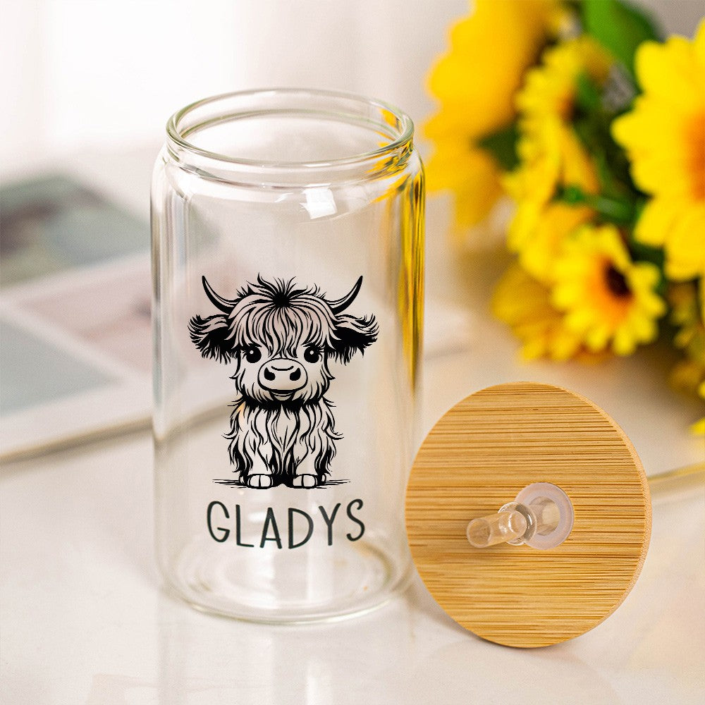 Personalized Name Highland Cow Glass Cup, Tumbler with Straw & Bamboo Lid, Iced Coffee/Tea Cup, Housewarming Gift, Gift for Cow Lover/Pet Lover/Family