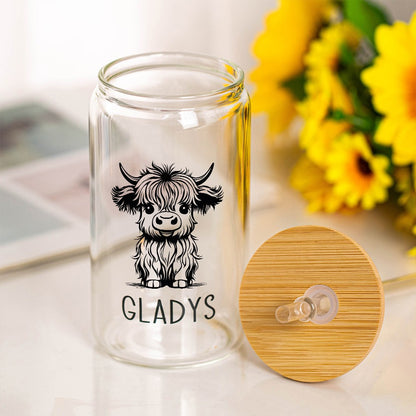 Personalized Name Highland Cow Glass Cup, Tumbler with Straw & Bamboo Lid, Iced Coffee/Tea Cup, Housewarming Gift, Gift for Cow Lover/Pet Lover/Family