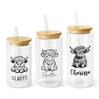 Personalized Name Highland Cow Glass Cup, Tumbler with Straw & Bamboo Lid, Iced Coffee/Tea Cup, Housewarming Gift, Gift for Cow Lover/Pet Lover/Family