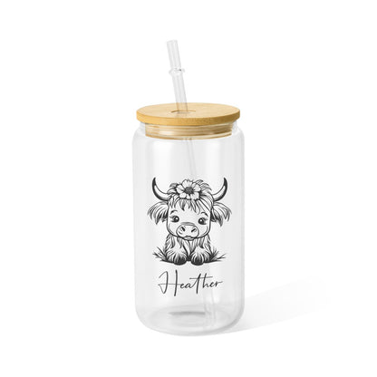 Personalized Name Highland Cow Glass Cup, Tumbler with Straw & Bamboo Lid, Iced Coffee/Tea Cup, Housewarming Gift, Gift for Cow Lover/Pet Lover/Family