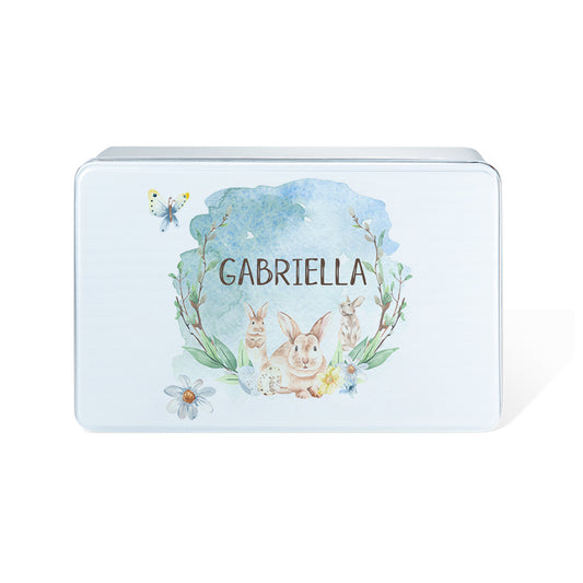 Custom Easter Bunny Watercolor Biscuit Tin, Personalized Name Cookie Tin with Lid, Easter Treat Box, Easter Basket Gifts, Gifts for Toddler/Kid/Family