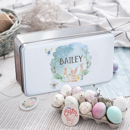 Custom Easter Bunny Watercolor Biscuit Tin, Personalized Name Cookie Tin with Lid, Easter Treat Box, Easter Basket Gifts, Gifts for Toddler/Kid/Family