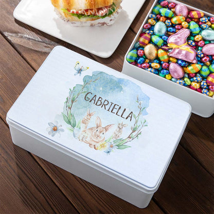 Custom Easter Bunny Watercolor Biscuit Tin, Personalized Name Cookie Tin with Lid, Easter Treat Box, Easter Basket Gifts, Gifts for Toddler/Kid/Family