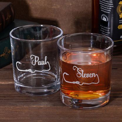 Personalized Name Fishing Hook Glass, Etched Rock Glasse, Bourbon Whiskey Fisherman Glass, Old Fashioned Glass, Father's Day/Birthday Gift for Men