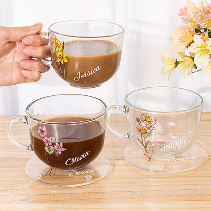 Personalized Hand Painted Birth Flower Coffee Mug, Custom Name Cup for Espresso/Latte, Insulated Glass Mug with Handle, Gift for Bridesmaid/Sister/Her