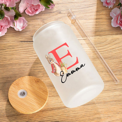 Personalized Name Easter Bunny Glass Cup, Frosted Glass Tumbler with Bamboo Lid and Straw, Iced Coffee Cup, Birthday/Easter Gift for Kids/Family/Her