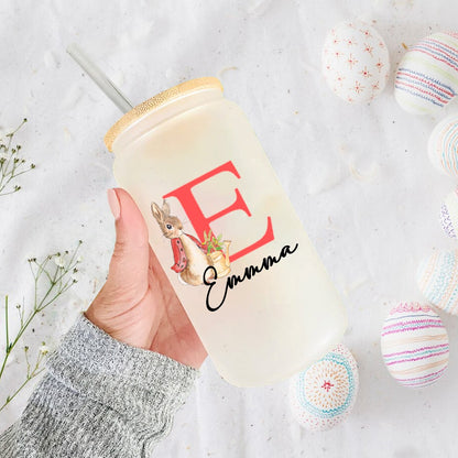 Personalized Name Easter Bunny Glass Cup, Frosted Glass Tumbler with Bamboo Lid and Straw, Iced Coffee Cup, Birthday/Easter Gift for Kids/Family/Her