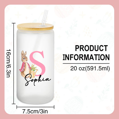 Personalized Name Easter Bunny Glass Cup, Frosted Glass Tumbler with Bamboo Lid and Straw, Iced Coffee Cup, Birthday/Easter Gift for Kids/Family/Her