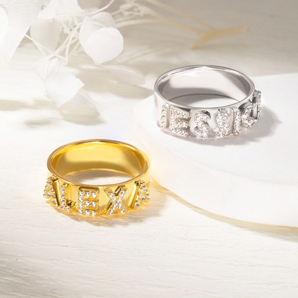 Custom 18K Gold Block Ring with Zirconia, Sterling Silver 925 Jewelry, Stackable Statement Ring, Birthday/Christmas/Mother's Day Gift for Women/Girls