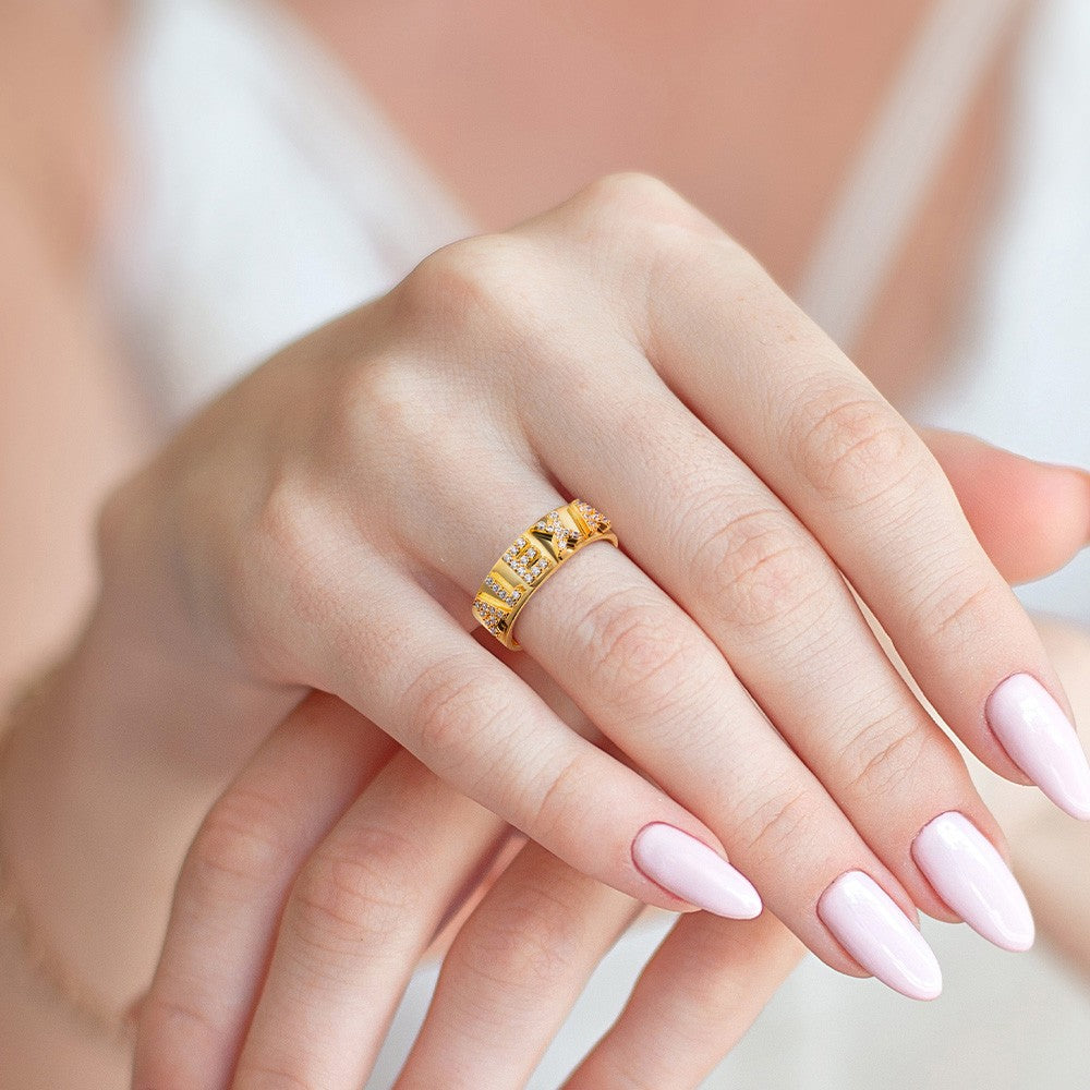 Custom 18K Gold Block Ring with Zirconia, Sterling Silver 925 Jewelry, Stackable Statement Ring, Birthday/Christmas/Mother's Day Gift for Women/Girls