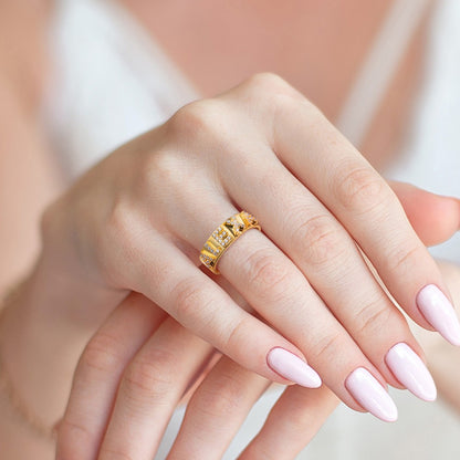 Custom 18K Gold Block Ring with Zirconia, Sterling Silver 925 Jewelry, Stackable Statement Ring, Birthday/Christmas/Mother's Day Gift for Women/Girls