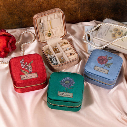 Personalized Birth Flower Velvet Jewelry Case, Custom Name Travel Jewelry Box, Bridal Party Favor, Birthday/Wedding/Anniversary Gift for Women