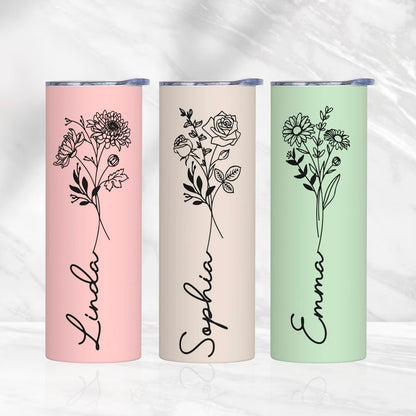 Custom Name Birth Flower Tumbler, Stainless Steel 20oz Birth Flower Travel Mug with Straw, Birthday/Mother's Day Gift for Family/Friends/Bridesmaids