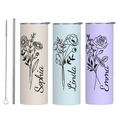 Personalized Birth Flower Tumbler, Stainless Steel 20oz Birth Flower Travel Mug with Straw, Birthday/Mother's Day Gift for Family/Friends/Bridesmaids