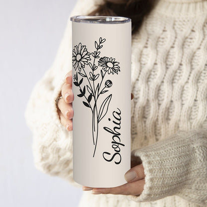 Personalized Birth Flower Tumbler, Stainless Steel 20oz Birth Flower Travel Mug with Straw, Birthday/Mother's Day Gift for Family/Friends/Bridesmaids