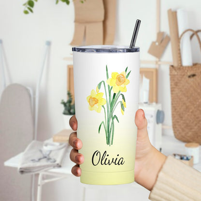 Personalized Watercolor Birth Flower Gradient Tumbler, Stainless Steel 20oz Birth Flower Travel Mug with Straw, Gift for Family/Friends/Bridesmaids