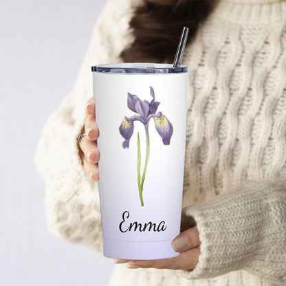 Personalized Watercolor Birth Flower Gradient Tumbler, Stainless Steel 20oz Birth Flower Travel Mug with Straw, Gift for Family/Friends/Bridesmaids