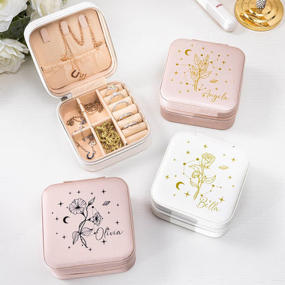 Custom Name Birth Flower Travel Jewelry Case, Personalized Zodiac Jewelry Box, Travel Accessories, Christmas/Birthday Gifts for Bridesmaid /Mom/Wife