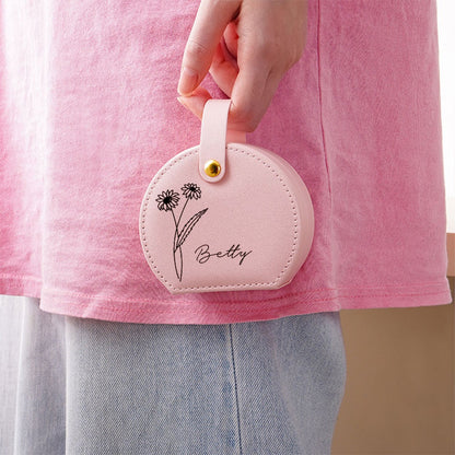 Custom Birth Flower & Name Hand-Held Jewelry Bag, Personalized Portable Floral Travel Jewelry Case, Birthday/Wedding/Anniversary Gift for Women/Her