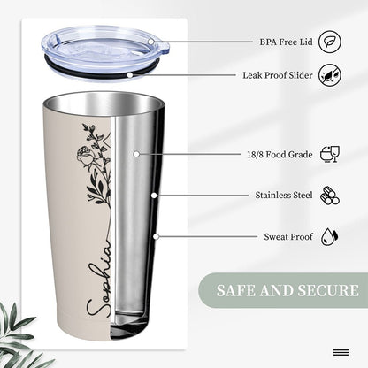 Personalized Birth Flower & Name Tumbler, 20oz Bouquet Travel Tumbler with Straw and Lid, Mother's Day/Birthday/Wedding Gift for Her/Women/Friends