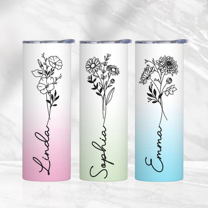 Personalized Birth Flower Name Gradient Skinny Tumbler, 20oz Floral Travel Tumbler with Straw & Lid, Stainless Steel Tumbler, Gift for Friend/Sister