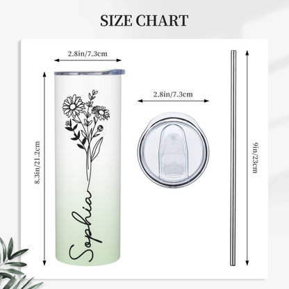 Personalized Birth Flower Name Gradient Skinny Tumbler, 20oz Floral Travel Tumbler with Straw & Lid, Stainless Steel Tumbler, Gift for Friend/Sister