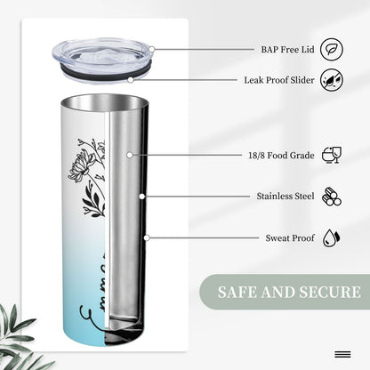 Personalized Birth Flower Name Gradient Skinny Tumbler, 20oz Floral Travel Tumbler with Straw & Lid, Stainless Steel Tumbler, Gift for Friend/Sister