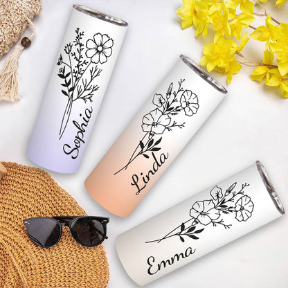 Personalized Birth Flower Name Gradient Tumbler, Custom Stainless Steel Tumbler, Tumbler with Straw & Lid, Birthday/Wedding/Mother's Day Gift for Her