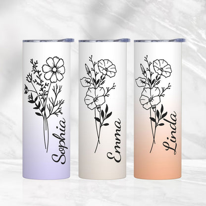 Personalized Birth Flower Name Gradient Tumbler, Custom Stainless Steel Tumbler, Tumbler with Straw & Lid, Birthday/Wedding/Mother's Day Gift for Her