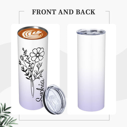 Personalized Birth Flower Name Gradient Tumbler, Custom Stainless Steel Tumbler, Tumbler with Straw & Lid, Birthday/Wedding/Mother's Day Gift for Her