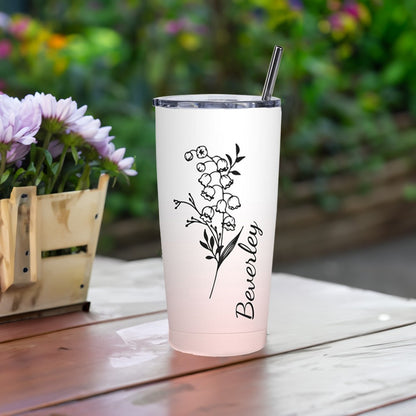 Personalized Birth Flower Gradient Coffee Tumbler, 20oz Name Tumbler with Straw & Lid, Travel Tumbler Cup, Birthday Gift for Family/Friend/Bridesmaid