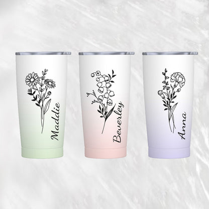 Personalized Birth Flower Gradient Coffee Tumbler, 20oz Name Tumbler with Straw & Lid, Travel Tumbler Cup, Birthday Gift for Family/Friend/Bridesmaid