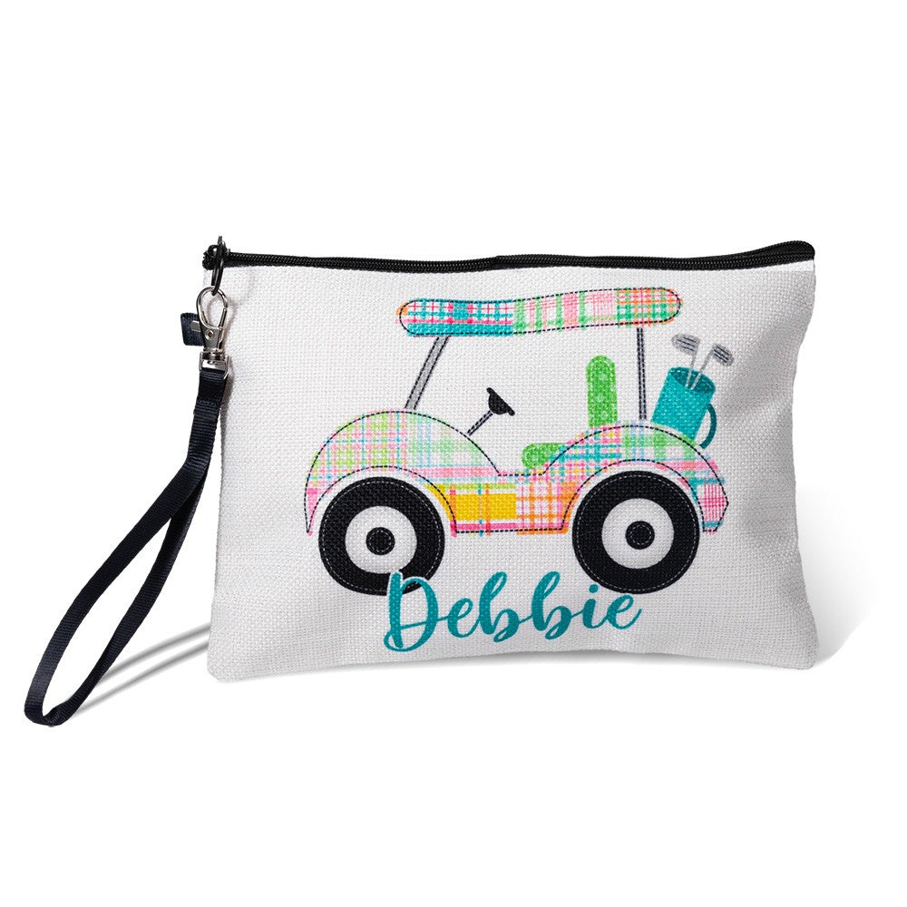 Personalized Golf Cart Cosmetic Bag with Wrist Strap, Custom Name Portable Golf Makeup Bag, Toiletry/Weekender Bag, Gift for Golf Lover/Coach/Women