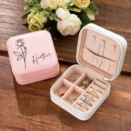 Custom Name Birth Flower Jewelry Travel Case, Vegan Leather Jewelry Organizer Box, Birthday/Mother's Day/Wedding Gift for Mother/Wife/Bridesmaids