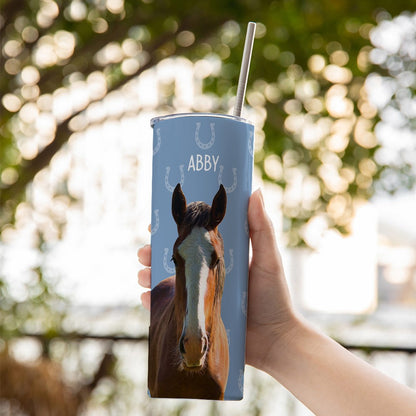 Custom Name & Photo Horse Tumbler, Stainless Steel 20oz Horse Girl Travel Mug with Straw, Gift for Horseback Rider/Horse Lover/Equestrian Enthusiast