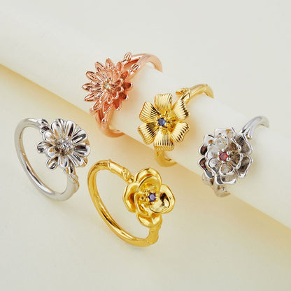 Custom Birth Flower Ring with Birthstone, Sterling Silver 925 Statement Floral Ring, Best Friend/Birthday/Mother's Day Gift for Her/Mother/Grandma