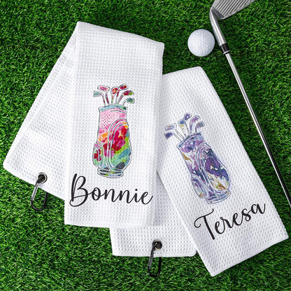 Personalized Colorful Golfing Clubs Waffle Towel with Hanging Clip and Name, Absorb Sweat Golf Towel, Birthday Gift for Golf Lovers