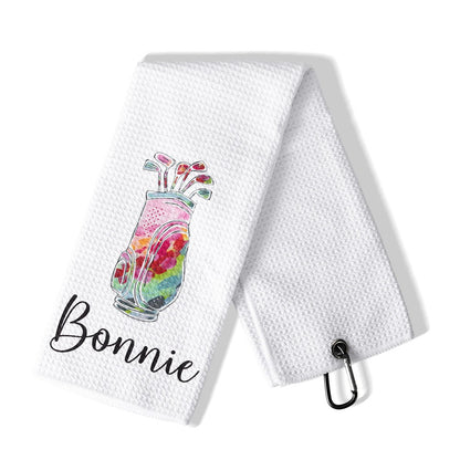Personalized Colorful Golfing Clubs Waffle Towel with Hanging Clip and Name, Absorb Sweat Golf Towel, Birthday Gift for Golf Lovers